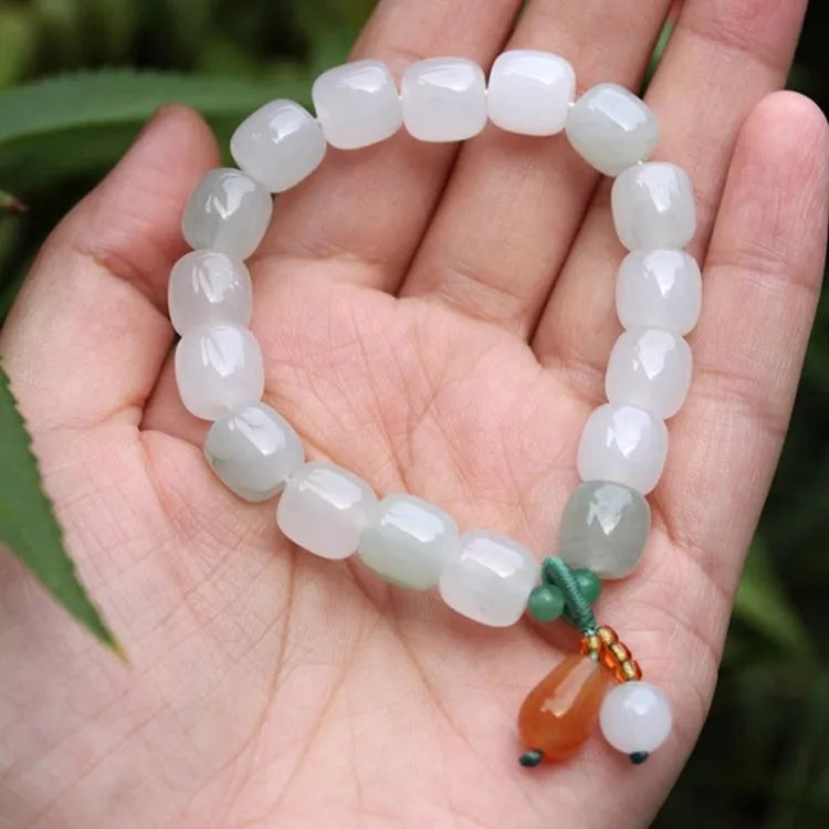 Hand-woven natural white agate and Tian Shan Cui Chinese-style geometric bracelet with lily elements