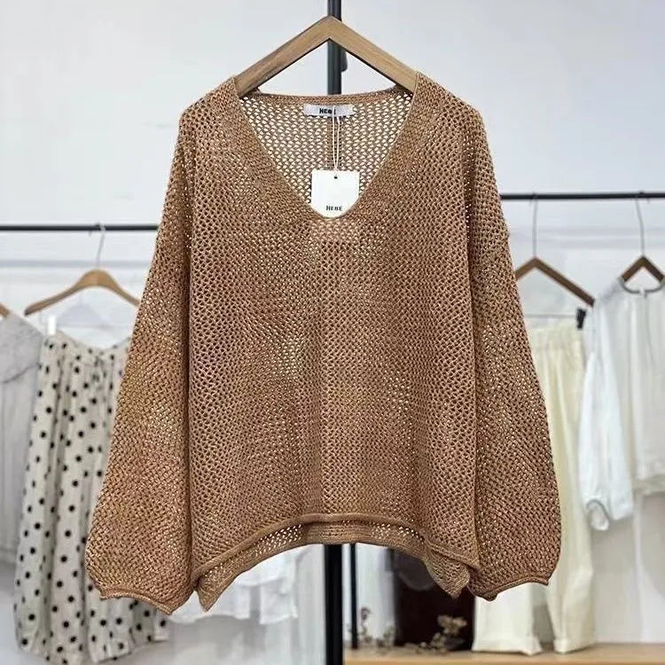Loose spring summer polyester mesh top with princess sleeves in apricot white colour