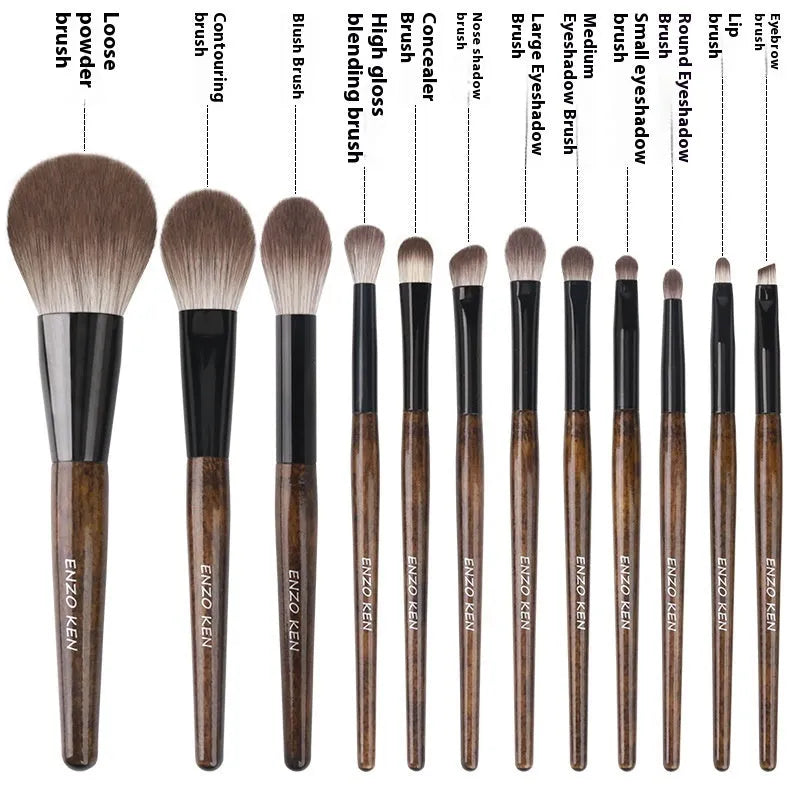12-piece makeup brush set with wooden handles and a black PU travel case open to show brushes.