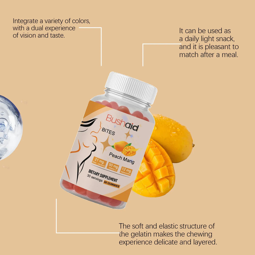Jar of BUSHAID Tanning Gummy Candies, a 60-count dietary supplement containing Astaxanthin, Lycopene, Zinc and vitamins.