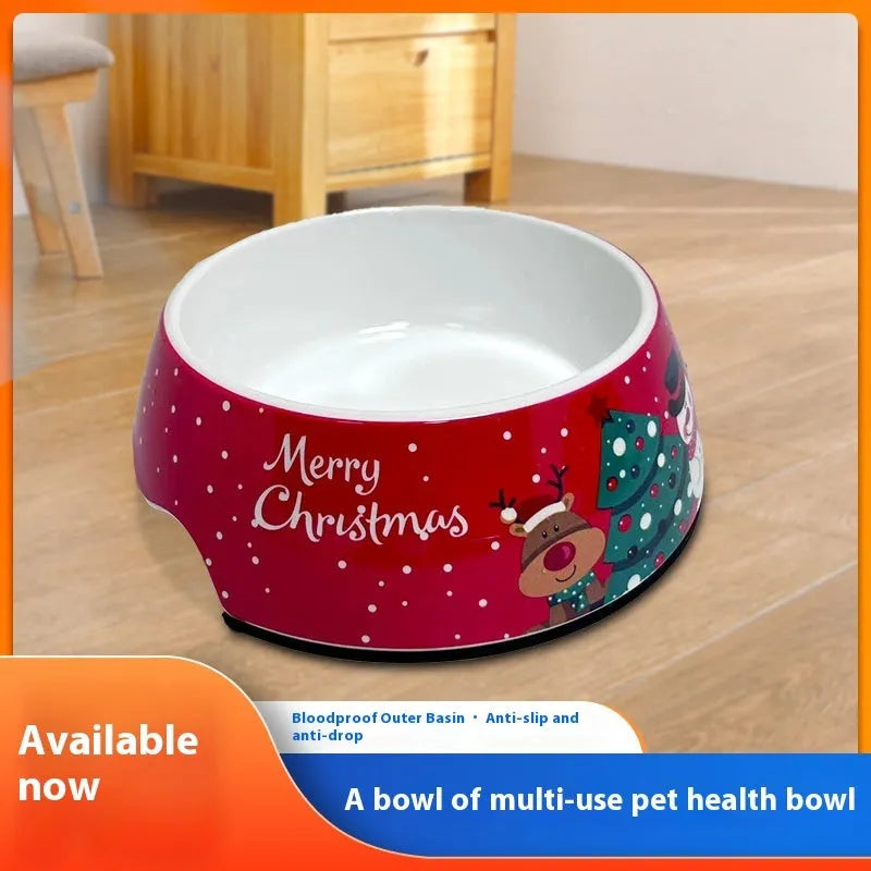 Red double-layer pet bowl with stainless steel insert, shown in three different sizes.