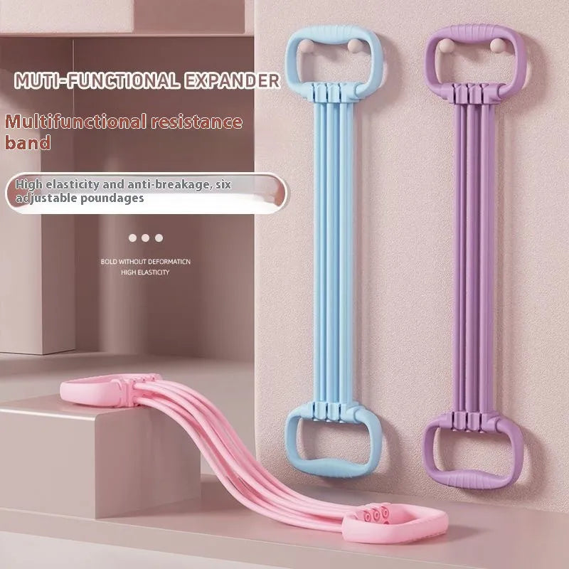 Women's adjustable chest expander with TPE rope in blue, pink, or purple colour options
