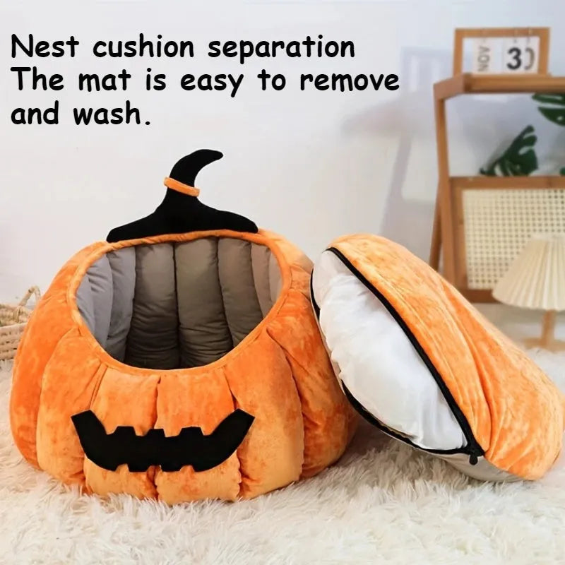Halloween pumpkin devil design soft plush cat bed for small pets in black, orange, or pink.