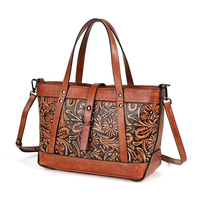 First layer cowhide hand carved skeleton-skin horizontal square crossbody bag in retro brown