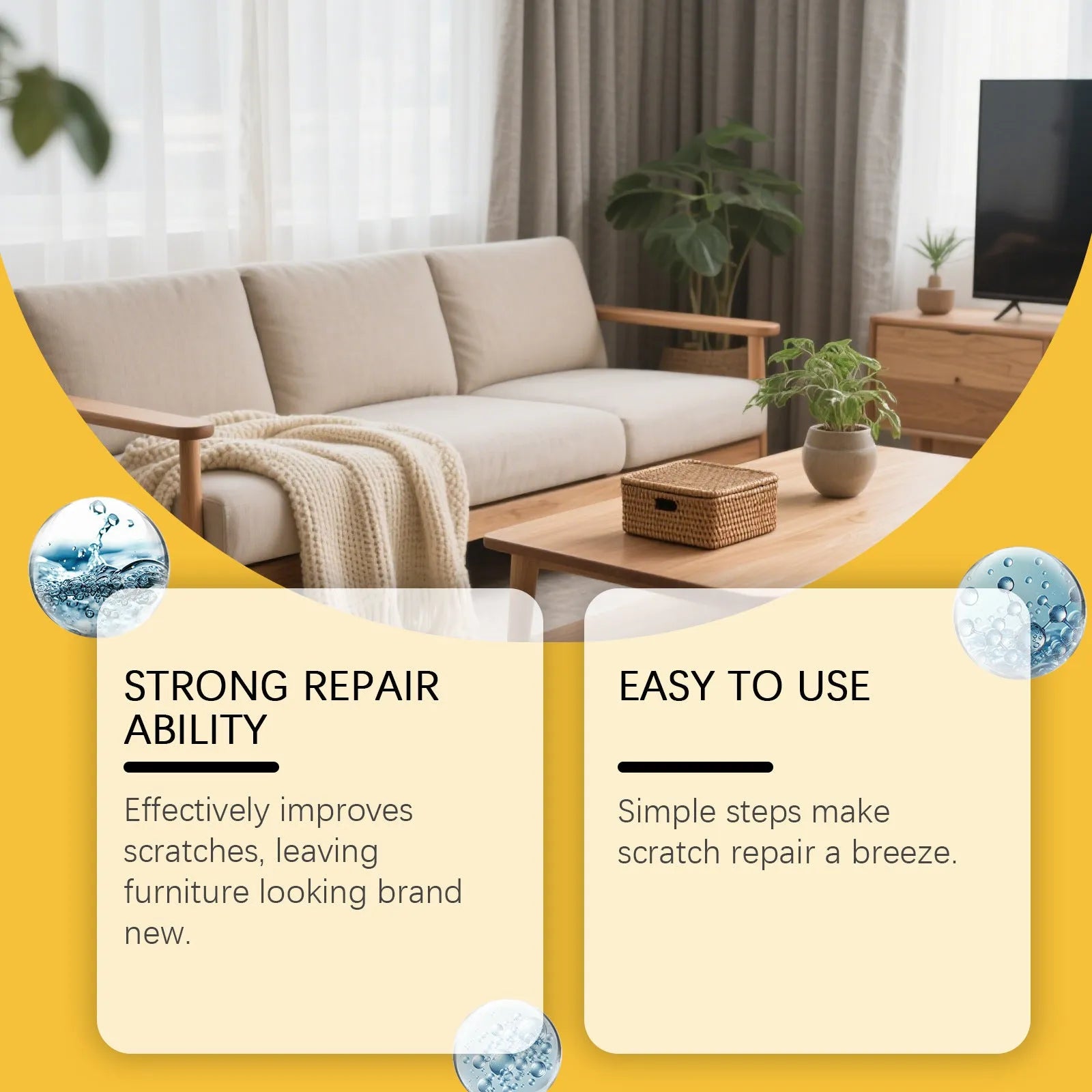 Wooden furniture scratch care kit with 100ml bottle and 20x20cm microfiber towel for surface maintenance