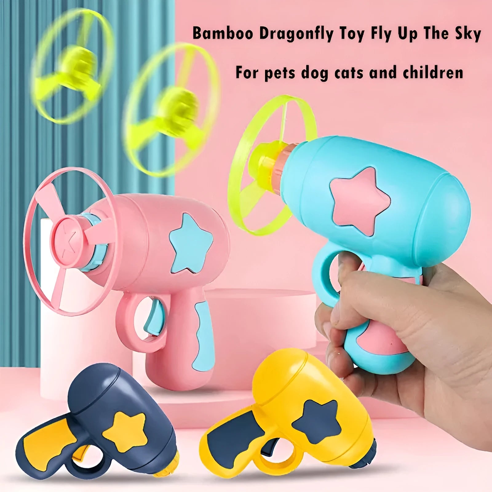 Blue LED flying saucer launcher toy set with gun, three luminous discs, and target board on packaging.