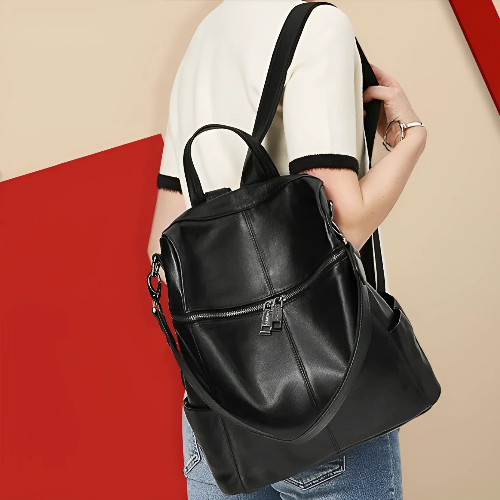 Brown genuine leather retro women's backpack with front pocket and adjustable straps.