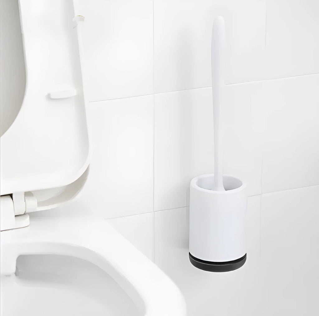 White and black non-stick TPR toilet brush with hollowed plastic body, 41cm tall, floor standing style