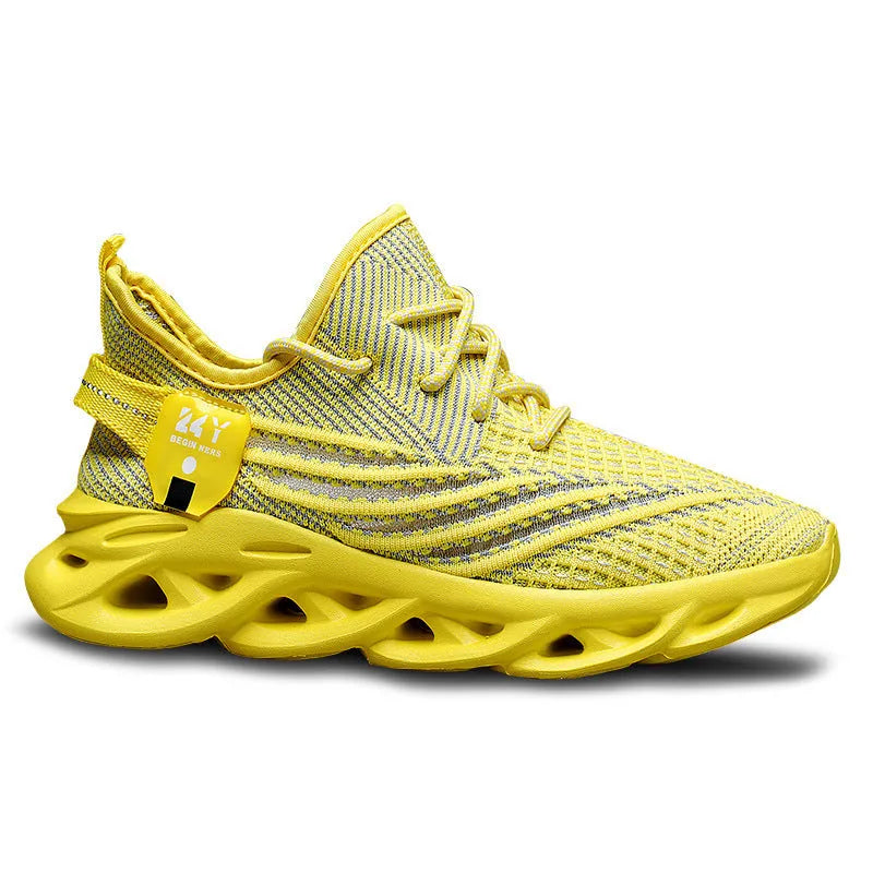 Men's blue Flyknit-style mesh platform sneaker with flat foam sole on a white background.