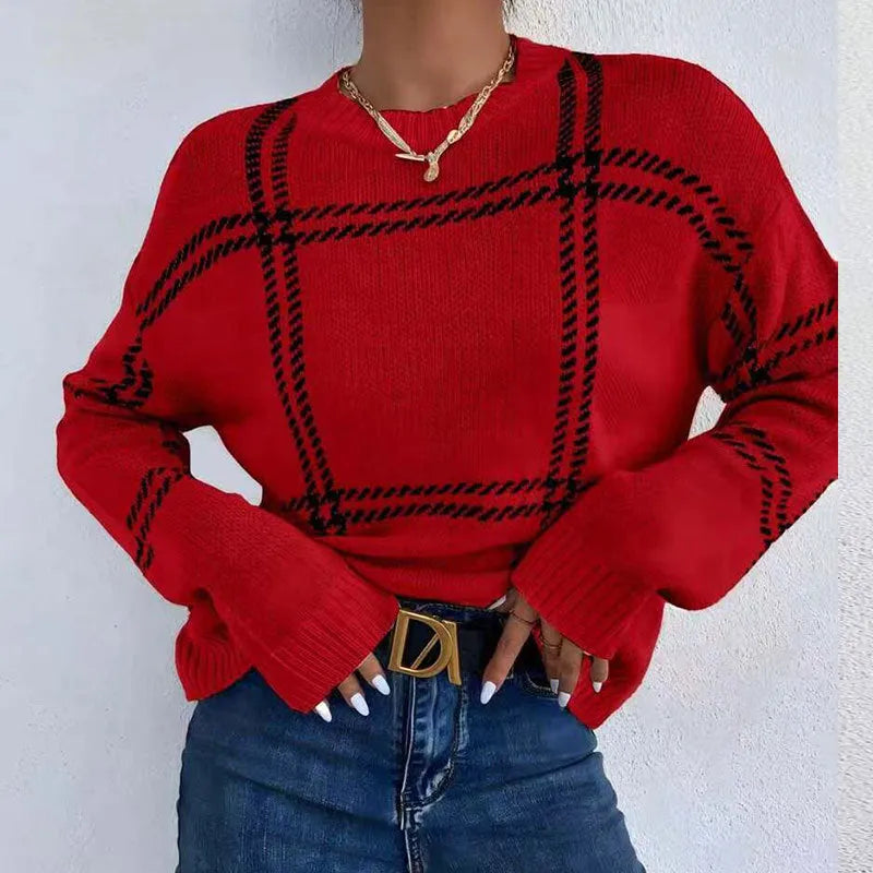 Women's casual plaid colour-block crew neck sweater in acrylic fabric on a hanger.