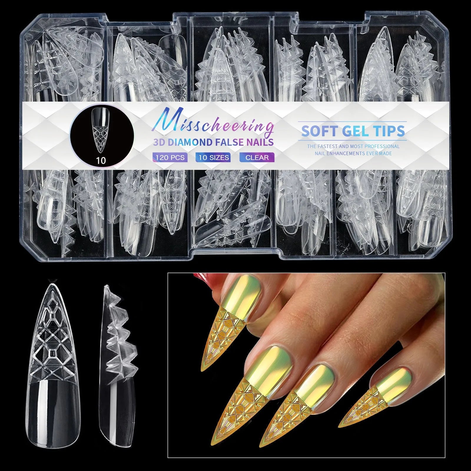 3D diamond pattern long nail tips in glitter colours for nail art enhancement