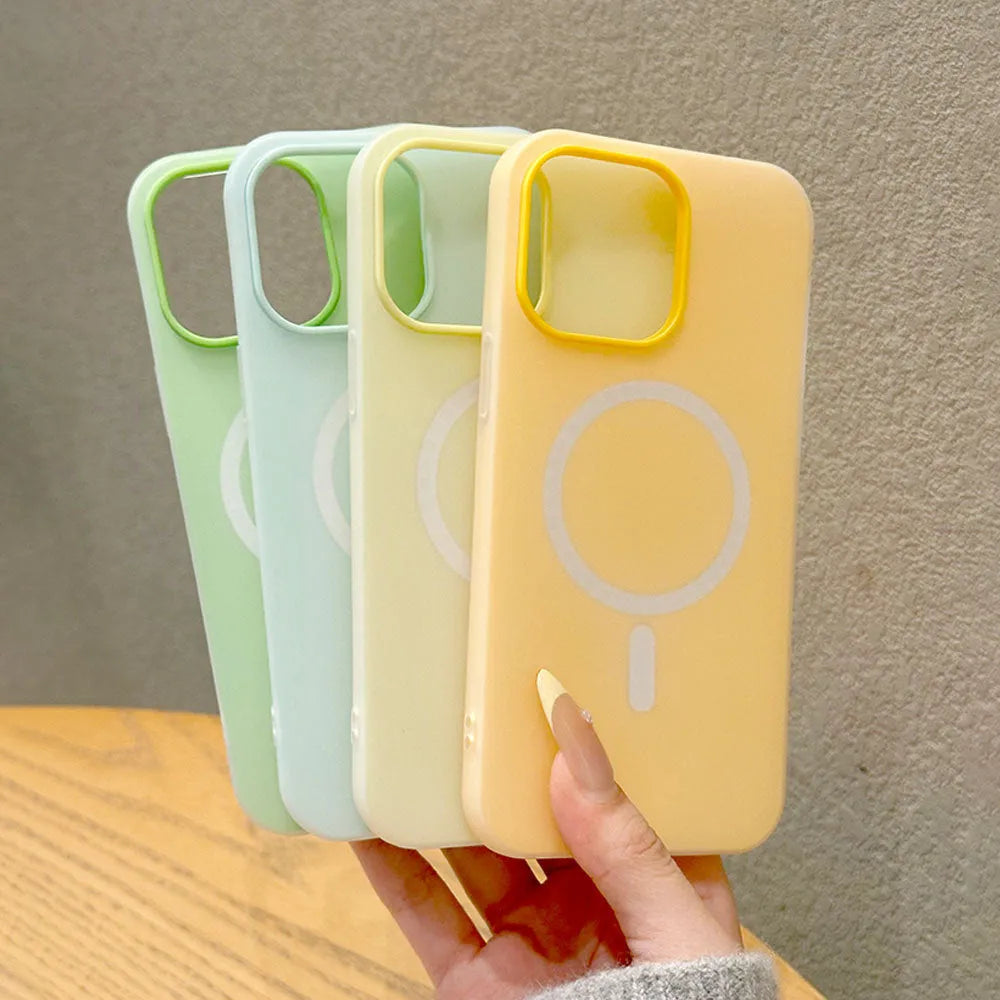 Double-layer magnetic phone case with frosted finish in beige for Apple iPhone 15