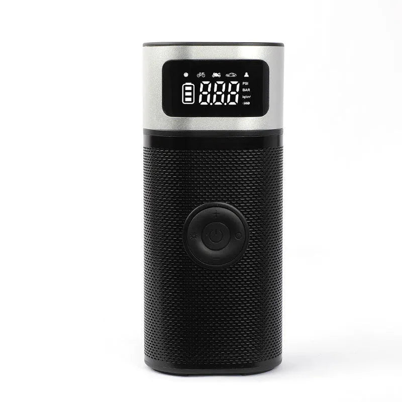 Black portable wireless smart air pump with LED light, USB cable, and nozzles for car, bike, ball, and swimming ring.
