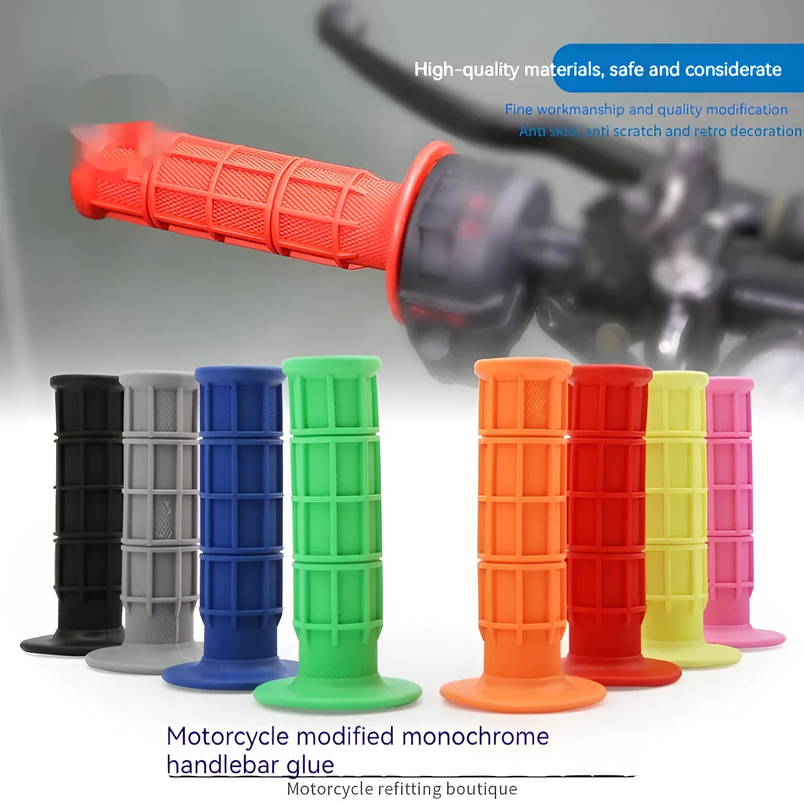 Pair of rubber motorcycle handle grip covers in multiple colour options on a black background.
