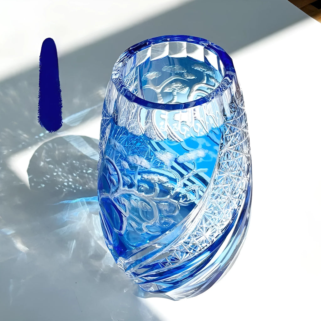 Blue cut crystal glass cup 80x190mm with Japanese-Jianghu style on a table