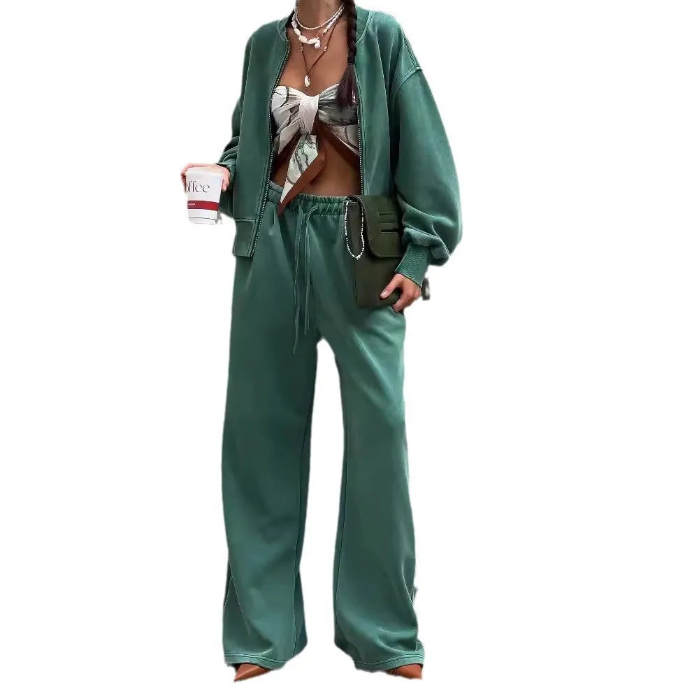 Green thermal zipper long sleeve stand collar sweater set for women, autumn winter cotton outfit
