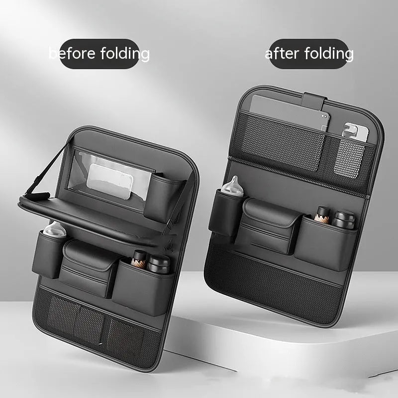 Leather car seat storage bag with fold-out table in black, grey, green, or brown