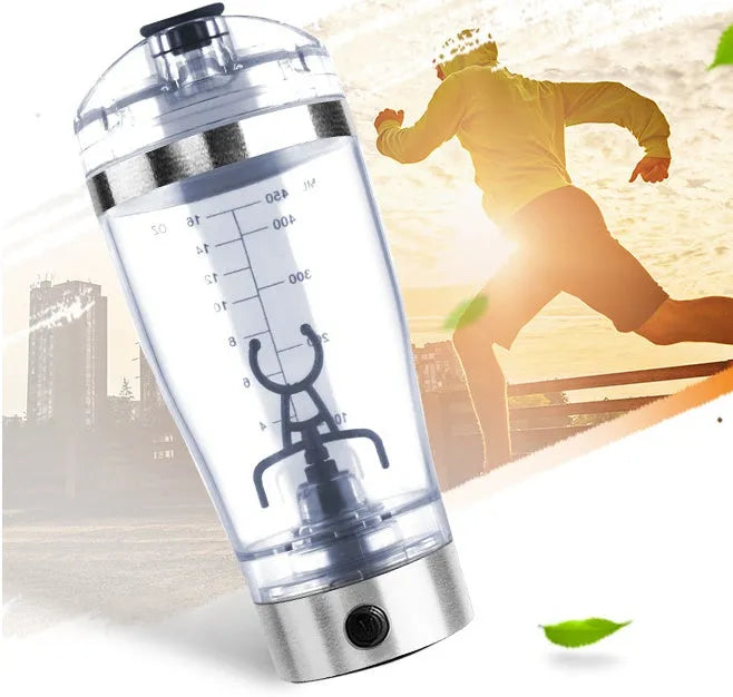 Stainless steel colour USB rechargeable electric shaker bottle with 600ml capacity.