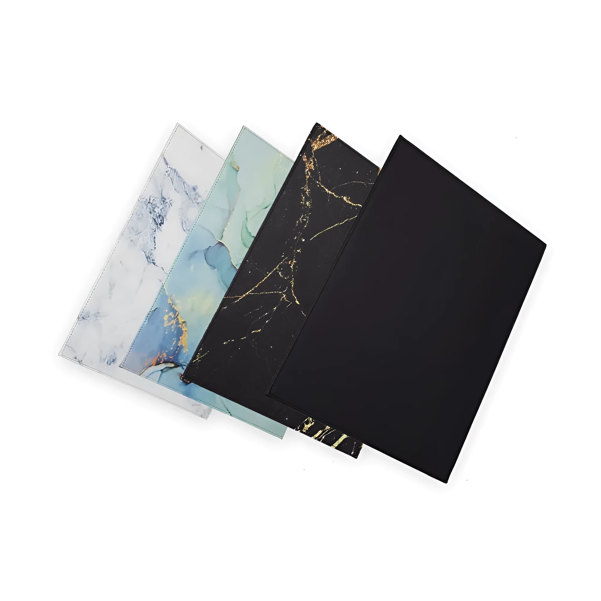 Durable heat-insulating anti-radiation laptop pad in black, black gold, blue, and green colour options on a desk.