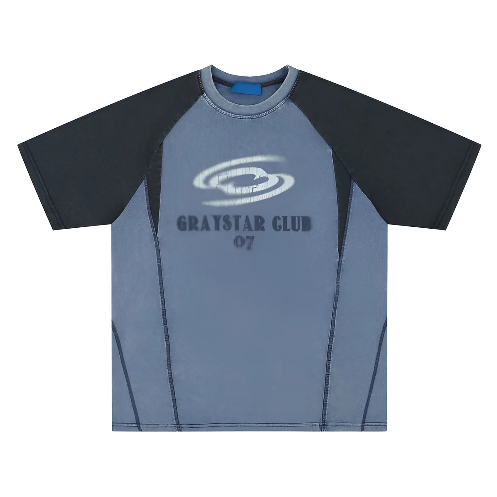 Man's blue hip hop letter print T-shirt with raglan sleeves in a loose fit