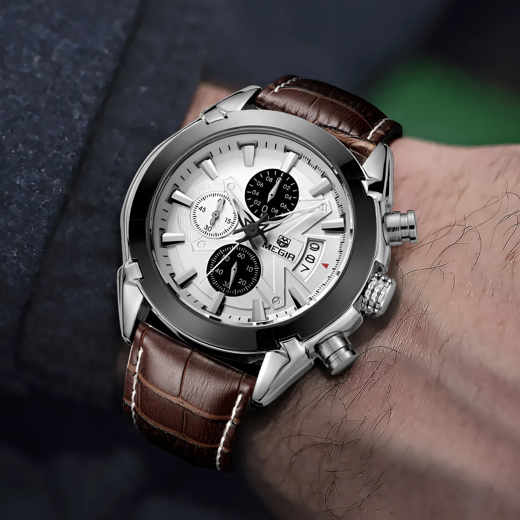 Men's brown and black waterproof chronograph watch with luminous three‑eye dial.