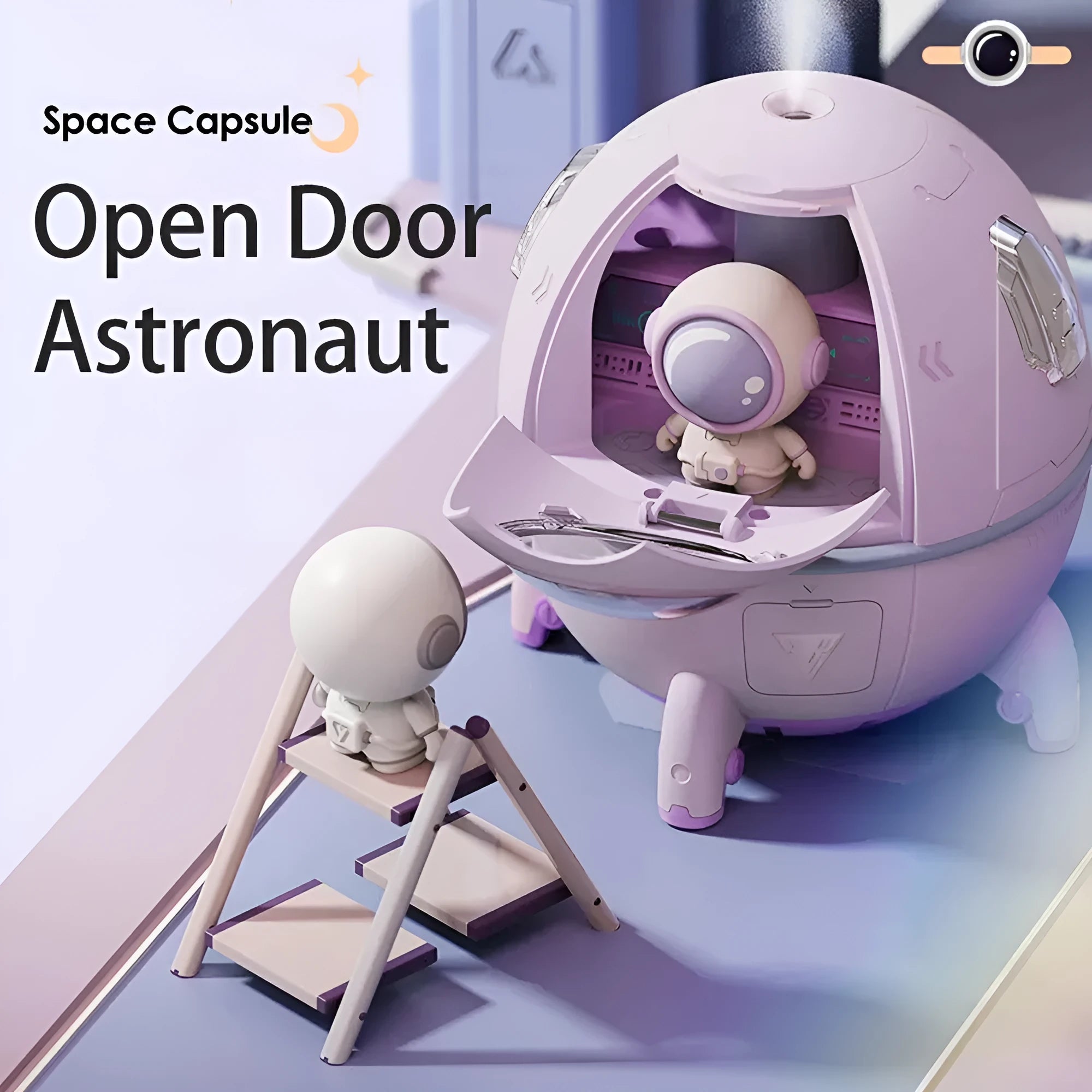 Astronaut-themed desktop USB humidifier with colourful LED lights and water tank.