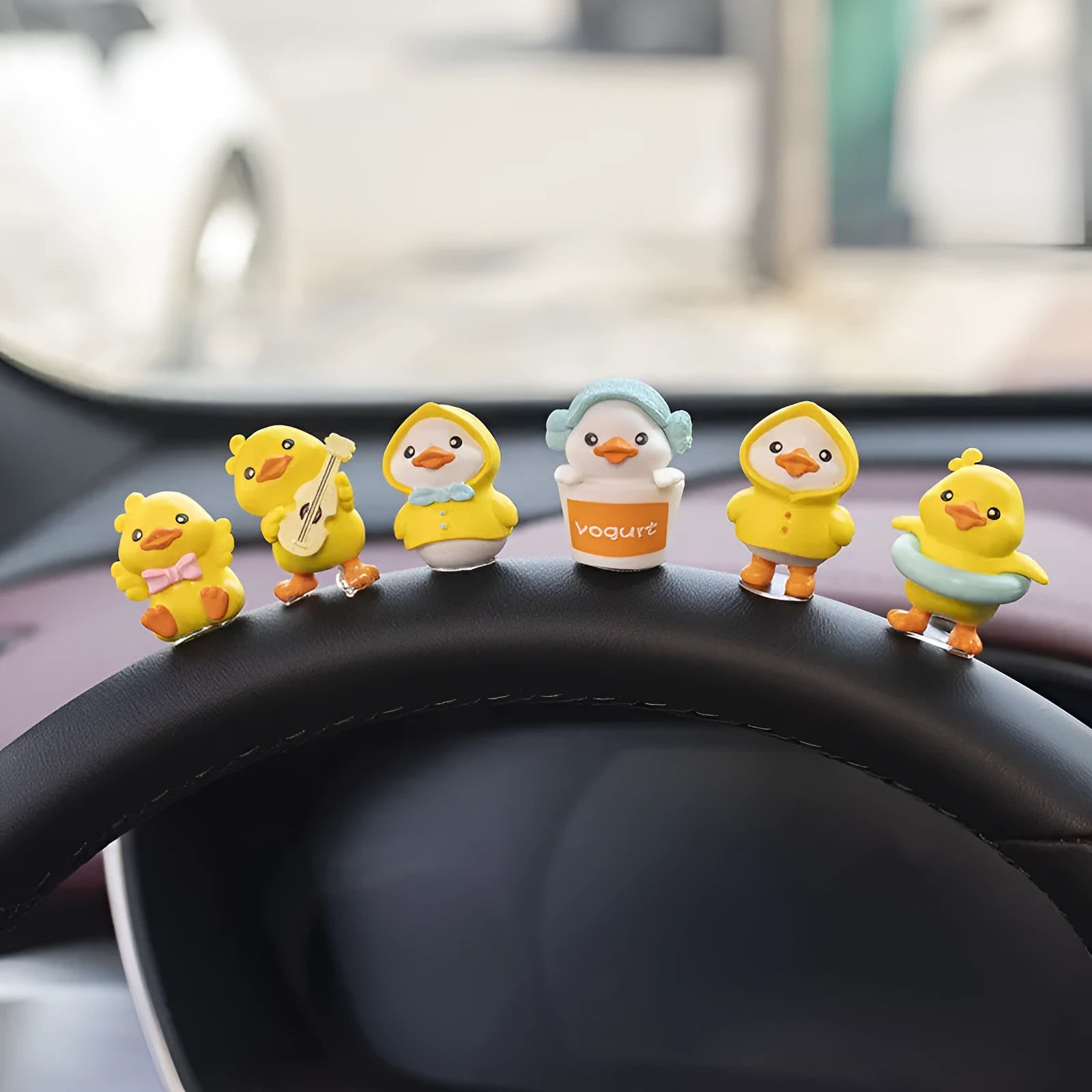 PVC duckling car decoration set with six cartoon duck ornaments and matching sign for vehicle interior