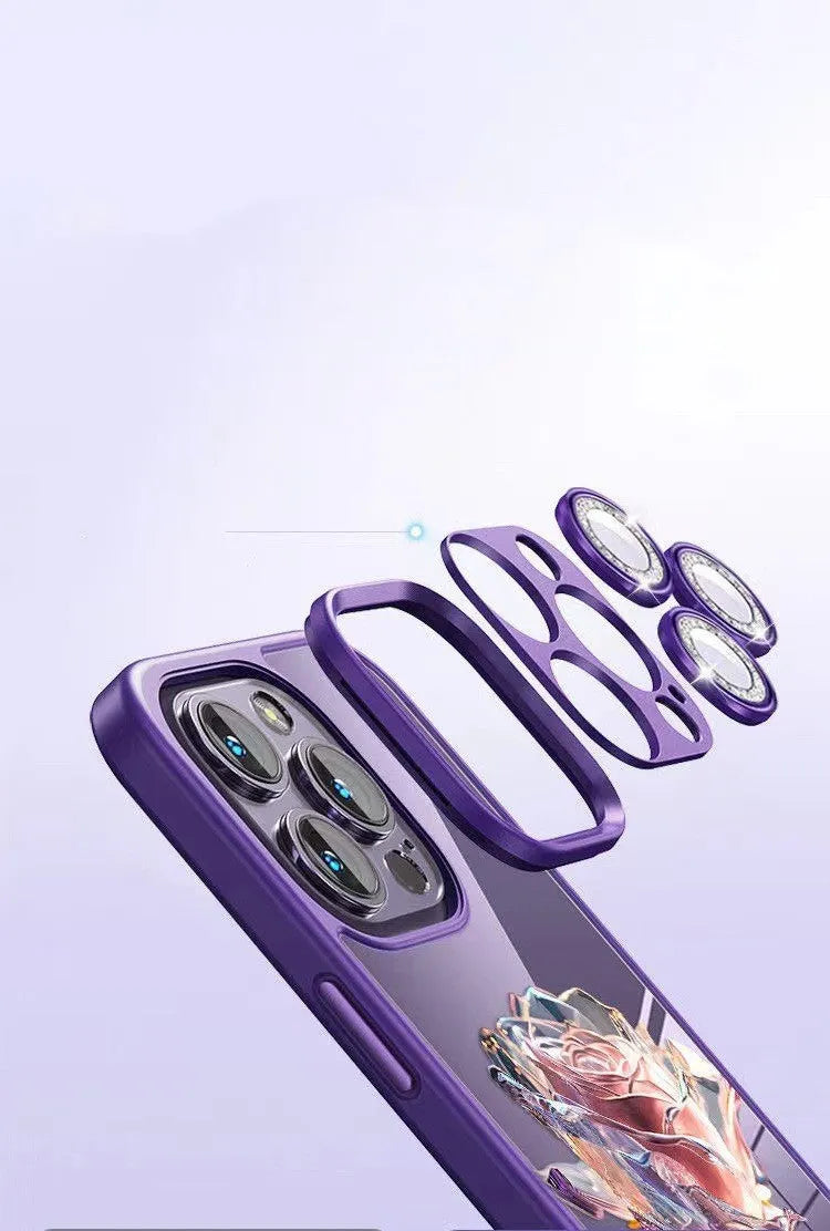 TPU phone case with detailed rose pattern and integrated sparkling camera lens film for iPhone protection
