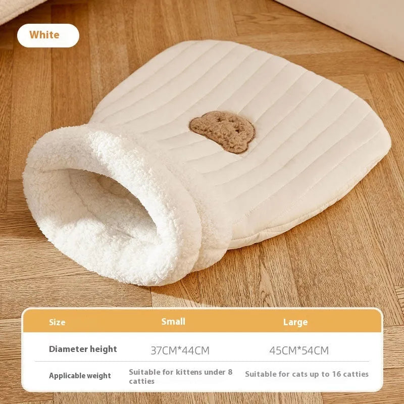 Cat sleeping bag nest with fleece fabric exterior and bear pattern in light brown colour