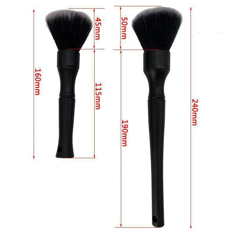Black car detailing brush with super soft pig hair bristles showing 240mm and 160mm size options