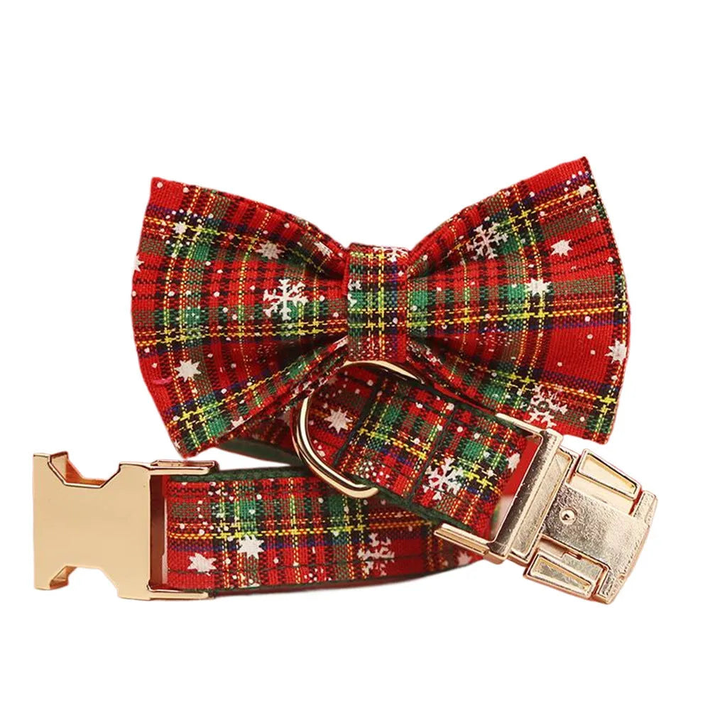 Green background snowflake pattern Christmas pet collar set with matching bow, leash and vest