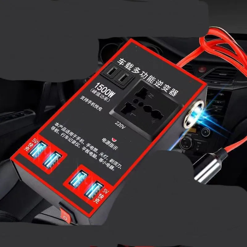 Black automotive power converter for 12V and 24V vehicle systems converting to 220V AC with USB charging ports