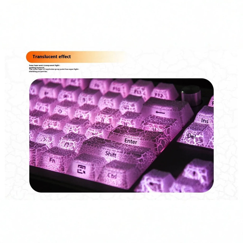 White transparent mechanical keyboard keycap set with side-carved legends on a Qingying layout.