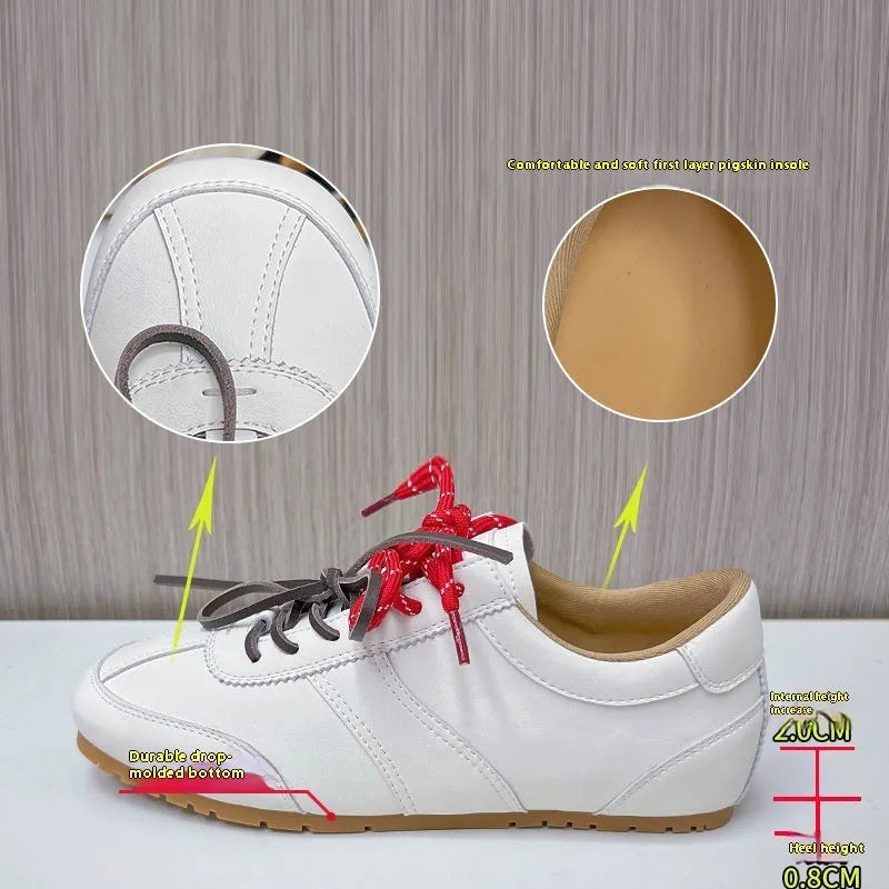 Women's white casual shoes with horsehair flocking texture, round toe and flat heel with lace-up front