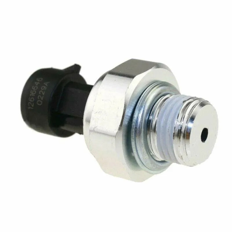 OEM oil pressure sensor for Buick and Chevrolet vehicles, part numbers 12573107 and 12677836 visible.