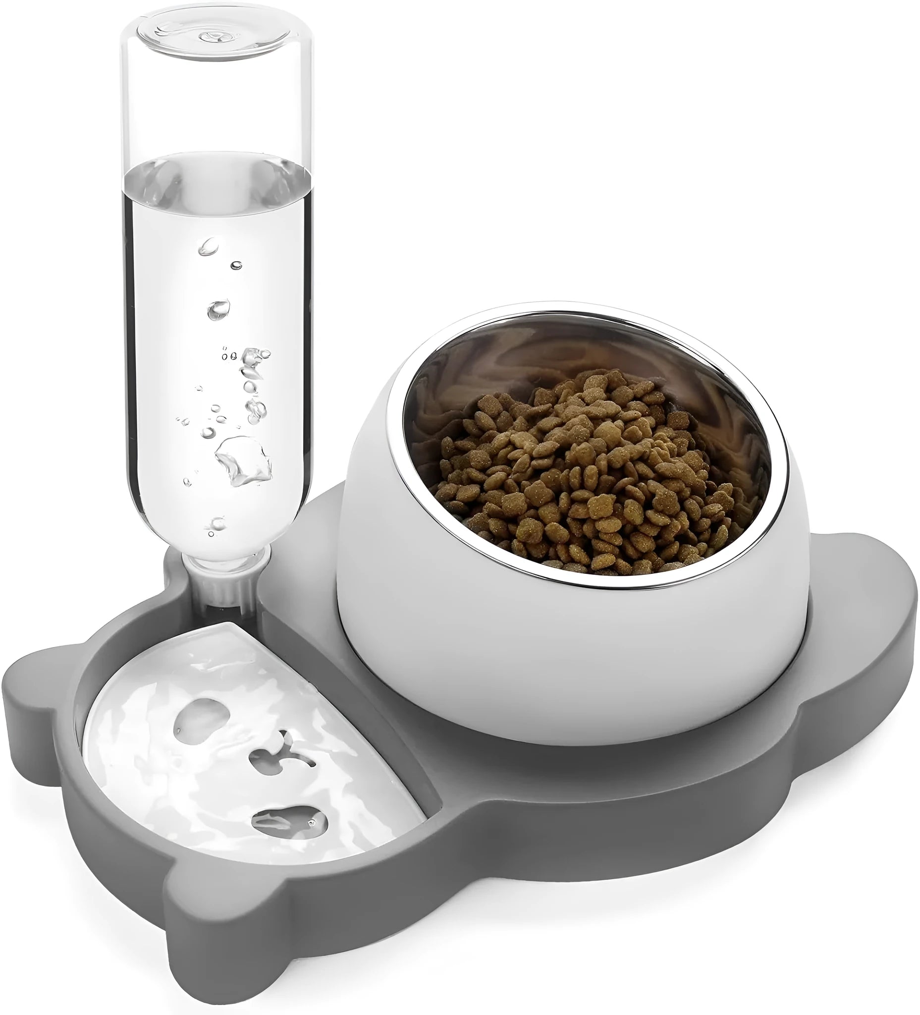 Grey and green panda-shaped elevated pet feeder with tilted stainless steel bowl and automatic water bottle.