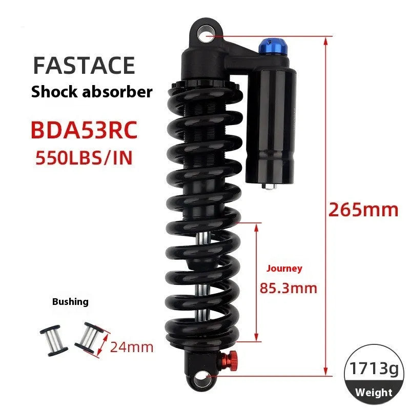 Aluminium mountain bicycle shock absorber with adjustment dials in red or black.