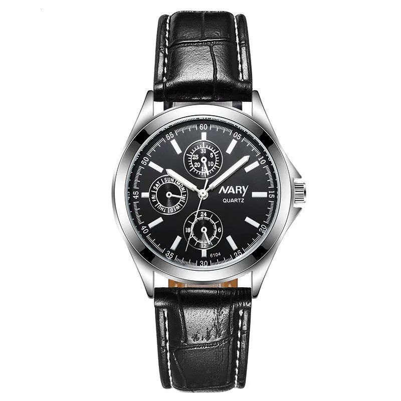 Couple three eyes six needles luminous waterproof quartz watch silver case black surface black belt