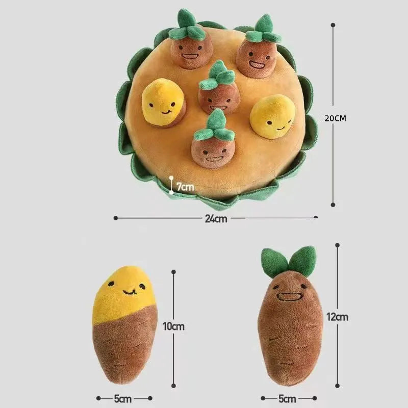 Yellow dog puzzle mat with removable squeaky plush toys for foraging training and slow feeding