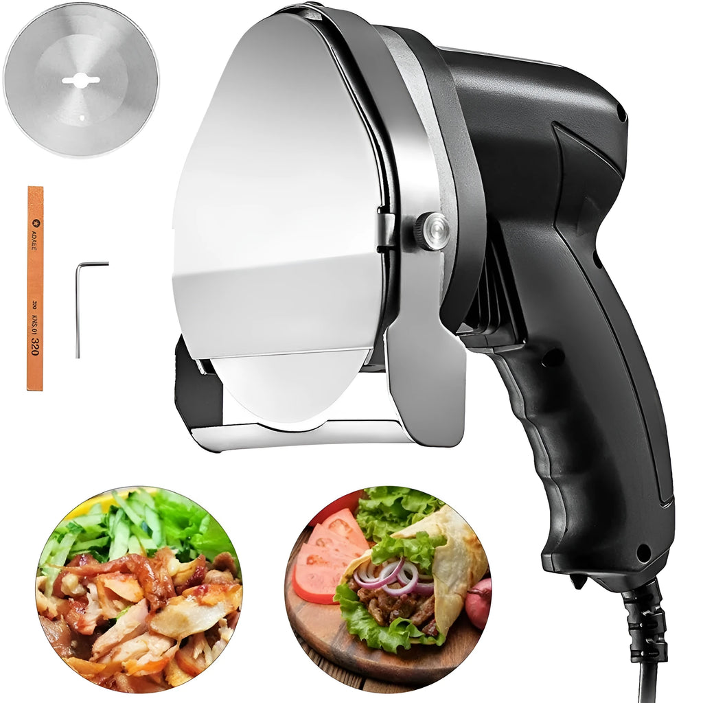 KS-100E black electric meat cleaver with adjustable blade for turkey barbecue machines on a kitchen counter.