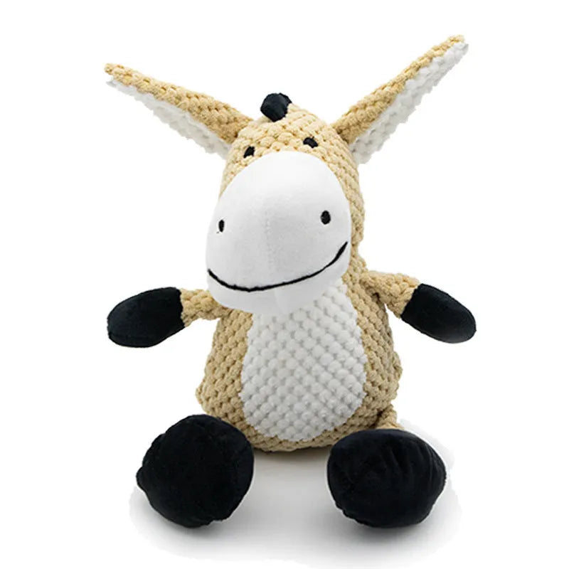 Plush squeaky dog toy in animal shape for chewing and teeth cleaning