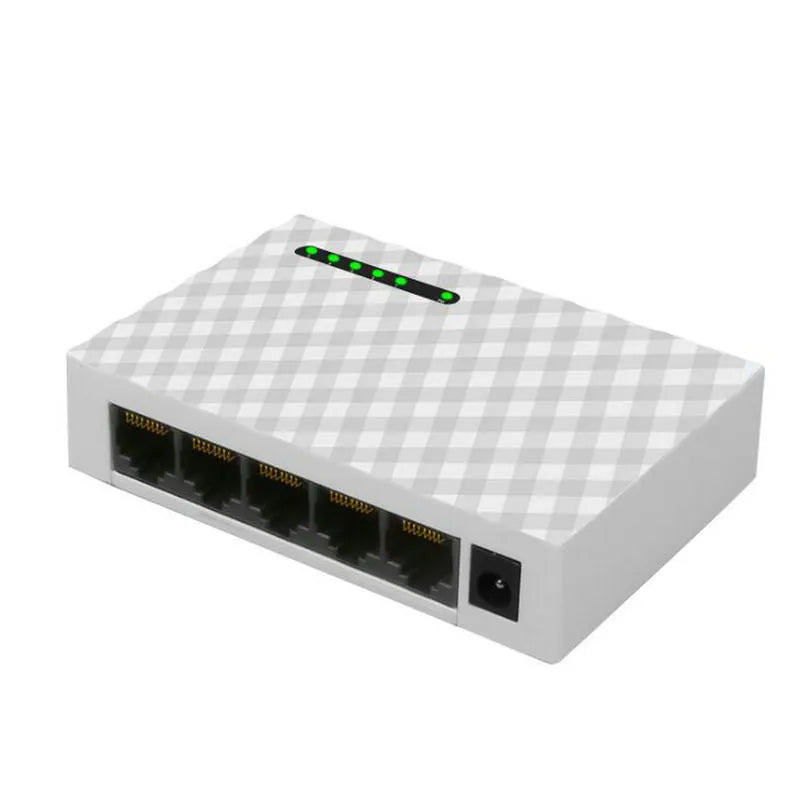 5-port Gigabit Ethernet switch in black with LED lights and RJ45 ports on front panel
