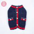 Blue knitted wool blend cardigan sweater for a dog, showing classic Bejirog style and cardigan opening.