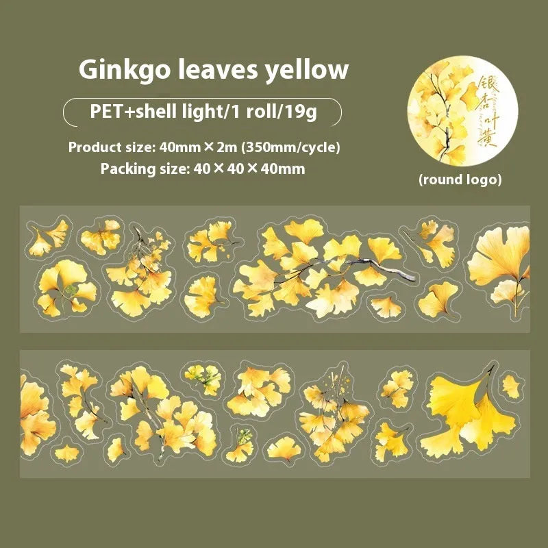 Six rolls of Deciduous Poetry Series decorative stickers showing autumn leaf patterns like ginkgo and maple.