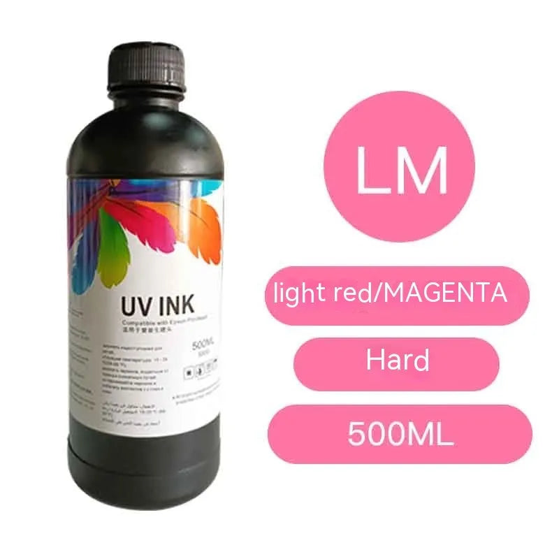 500ml bottle of Epson-compatible UV printer ink in black, cyan, magenta, yellow, light cyan, light magenta, white, and glossy colours.