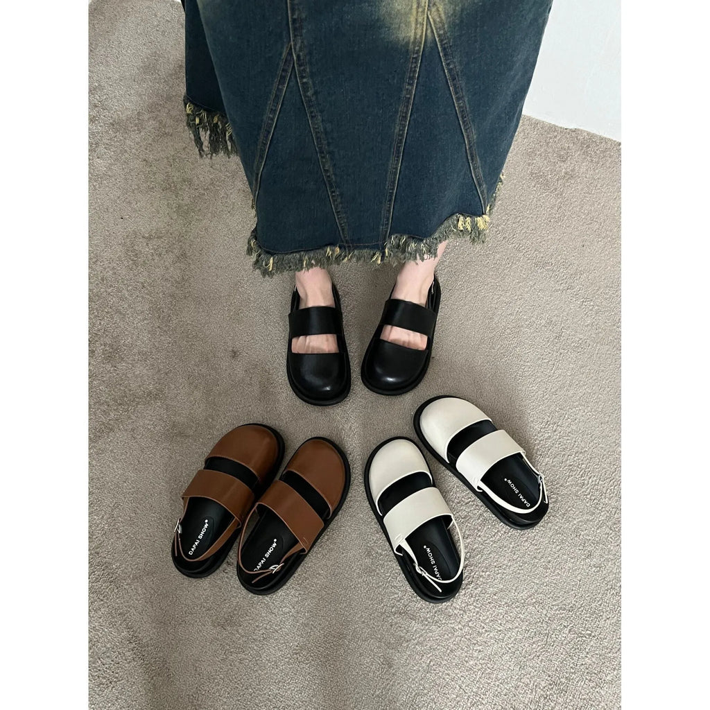 Retro raise-the-bottom closed-toe sandals with ankle-strap buckle in apricot colour