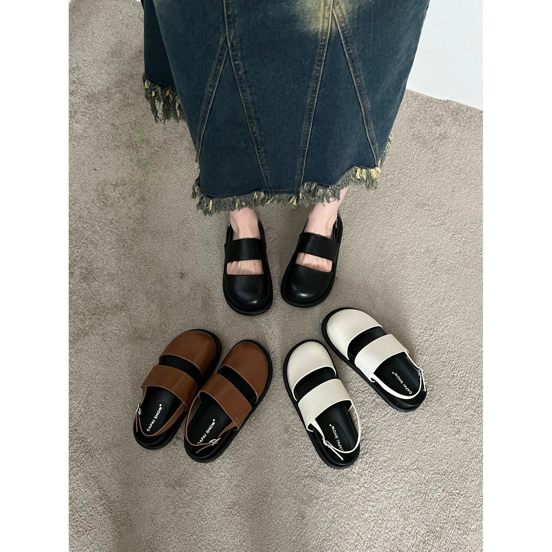 Retro raise-the-bottom closed-toe sandals with ankle-strap buckle in apricot colour
