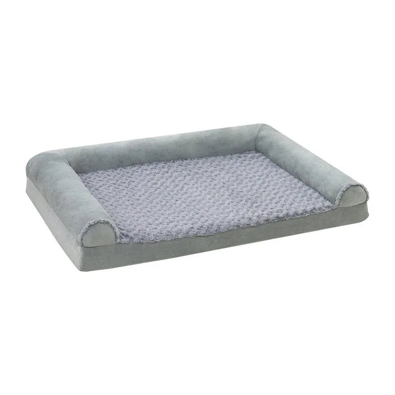 Light grey cloth dog kennel with padded base and raised sides, shown with a large dog resting inside.