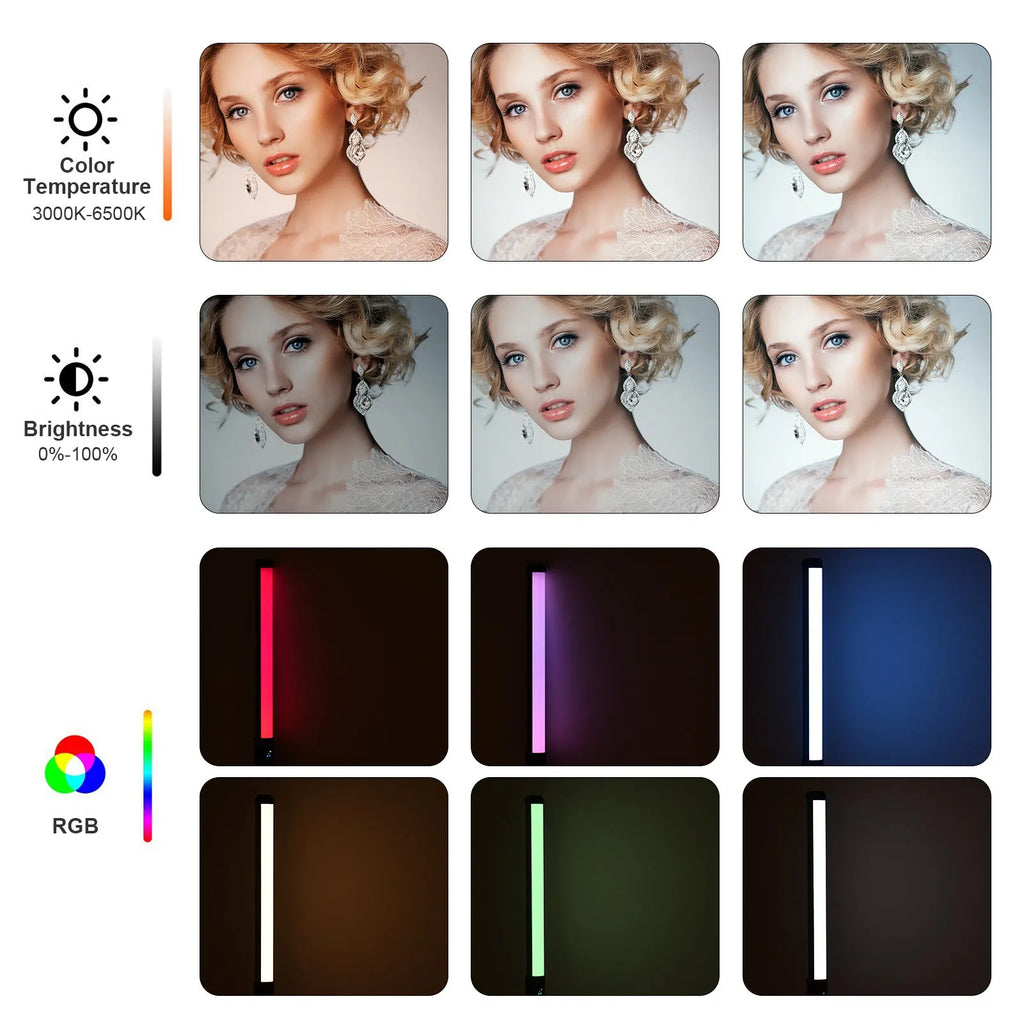 Handheld dual colour temperature LED photography light stick with RGB lighting modes and mounting bracket