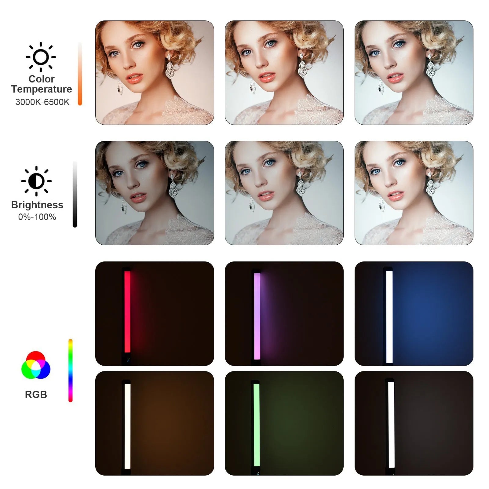 Handheld dual colour temperature LED photography light stick with RGB lighting modes and mounting bracket